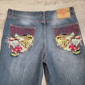 Ed Hardy Christian Audigier VTG 2007 Tiger Embroidered Baggy Jean Size 38x32 Y2K